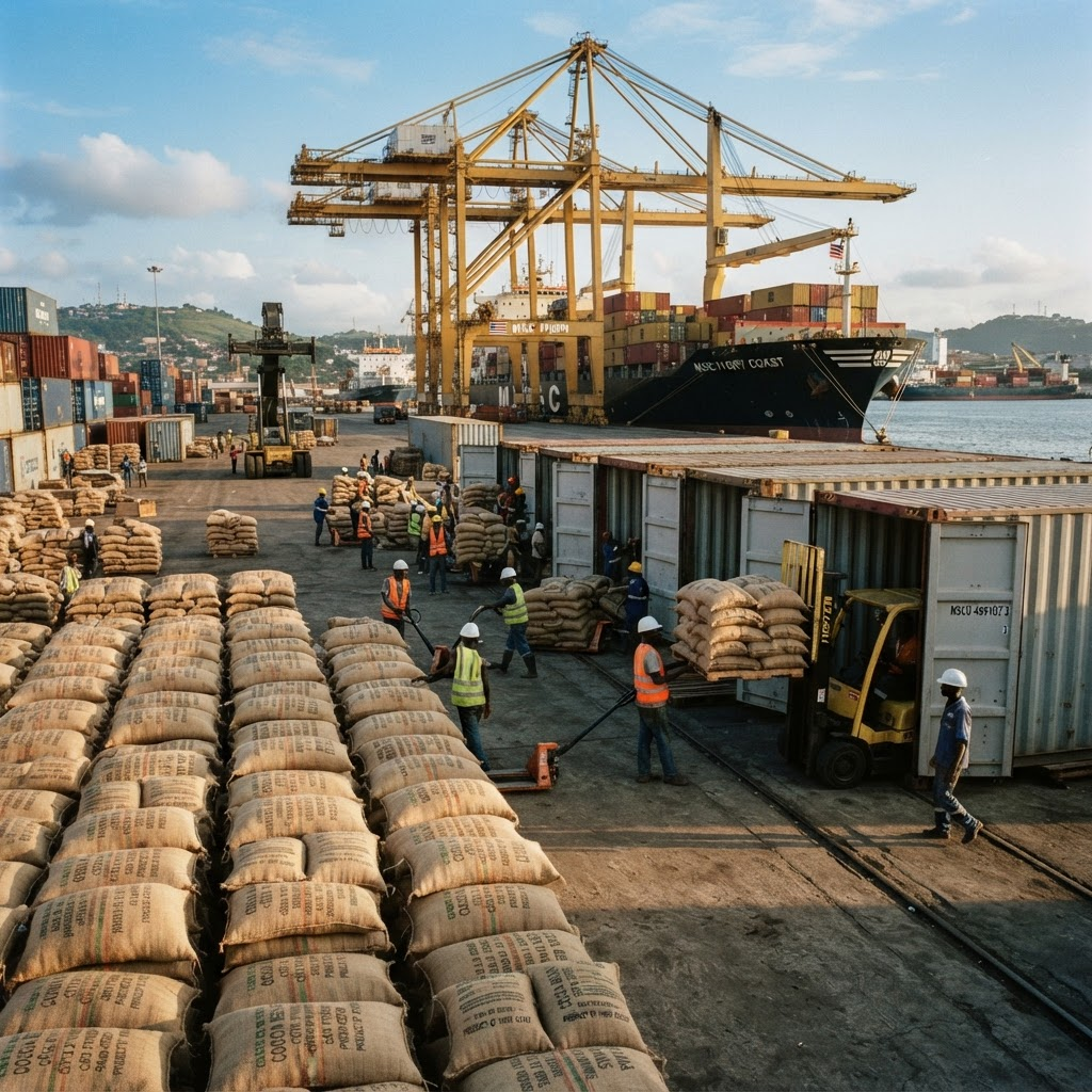 Container ship loading cocoa export at the port of San-Pédro